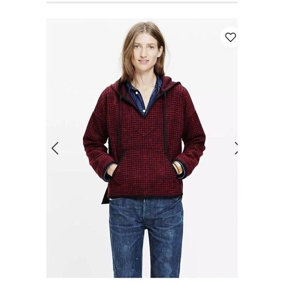 𝅺MADEWELL Red Black Brushed Houndstooth Hoodie XS Pocket Oversized - Picture 2 of 9